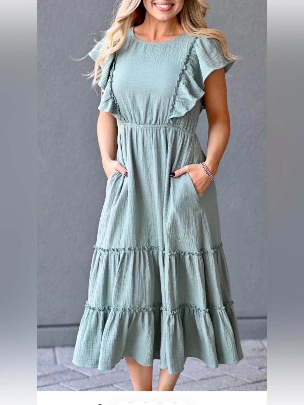 Nursing Queen Sage Green Ruffle Sleeve Tiered Midi Dress